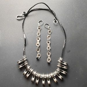 Unique handmade bike chain necklace and earring set